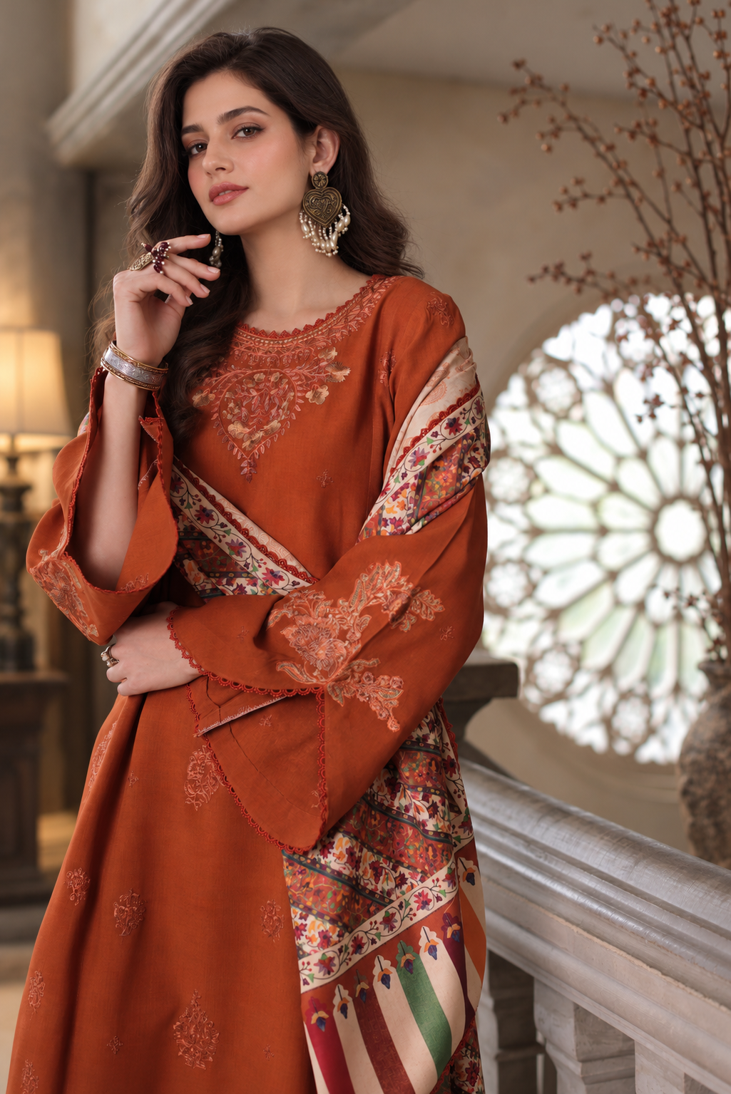 Noor by saadia asad winter embroidered printskhas 26 d10 b - burnt terracotta– alternate view Noor by Saadia Asad Winter Embroidered Printskhas 26 D10 B - Burnt Terracotta– alternate view