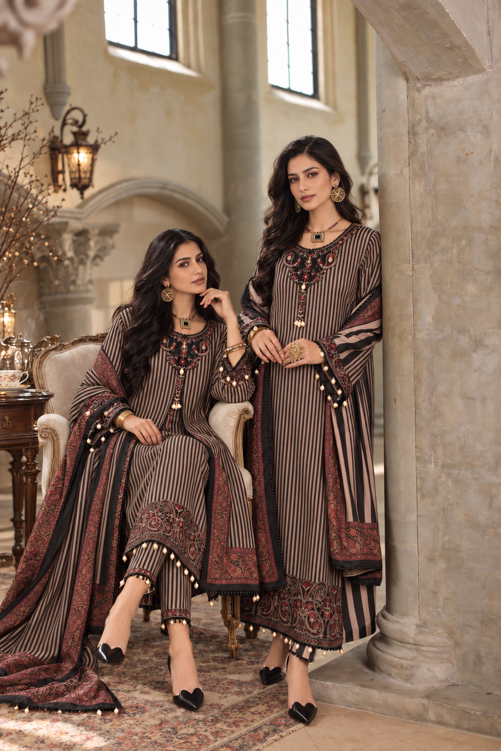 Stripedeleganceinagrandmansion-1 Noor by Saadia Asad Winter Embroidered Printskhas 26 D9 B - Classic Camel Pinstripes– StripedEleganceinaGrandMansion-1