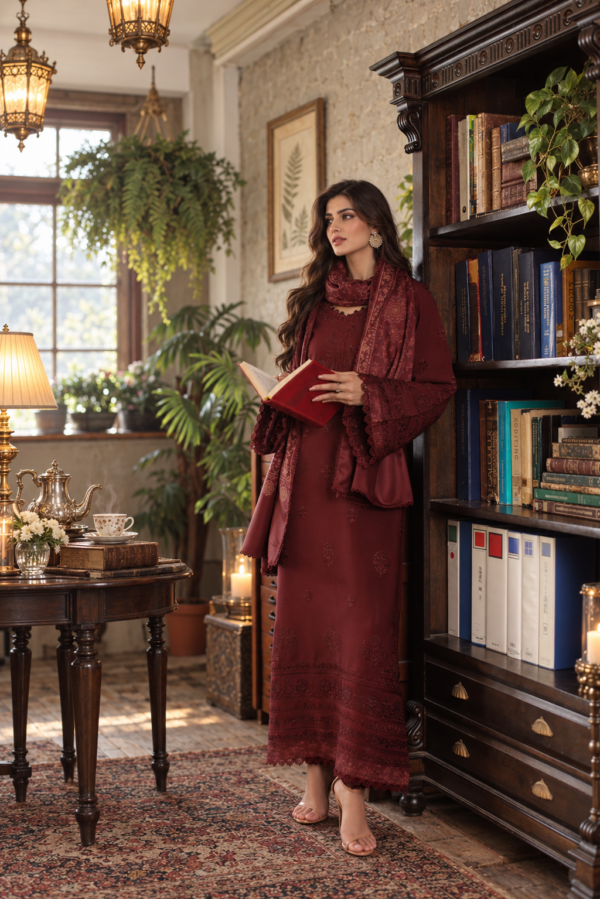 Winterlibraryportraitintaupeandmaroon-2 Noor by Saadia Asad Winter Embroidered Printskhas 26 D3 B - Mulberry Haze– Winterlibraryportraitintaupeandmaroon-2